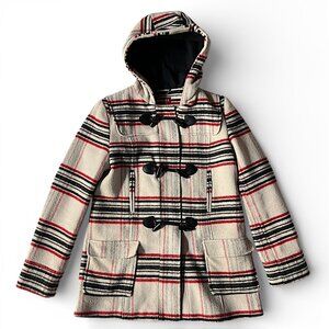 Merona Women's Plaid Wool Hooded Duffel Coat Tuggle & Snap Closure Size M